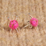 Pink Sparkly Ear Knits Studs yarn and knitting needles post earrings