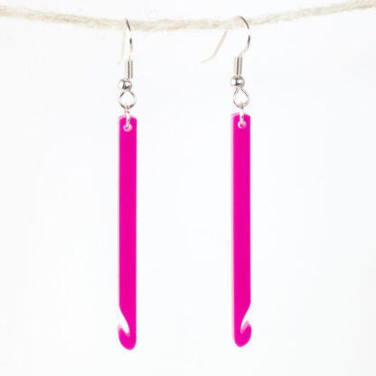 Pair of crochet hook earrings. Laser cut from pink acrylic
